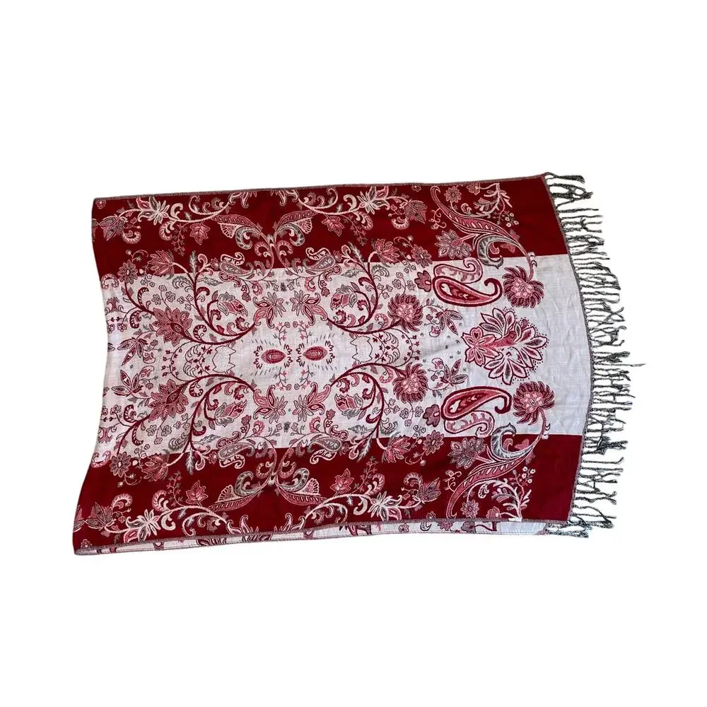 Large Burgundy, Tan Floral Wrap / Shawl / Scarf Fringe, Boho, 26 by 73